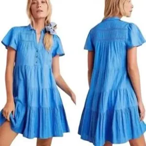 Anthropologie Blue Tiered Button-Front Mini Dress thumbnail 3