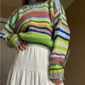 hand knit striped funky fun multi colored oversized sweater Blue Size M thumbnail 2