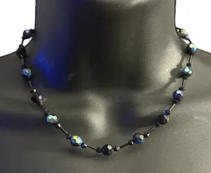 Black iridescent glass bead necklace and earrings set thumbnail 1