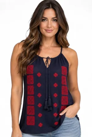 Solitaire Tank Top Large Navy Blue Red Embroidered Tassel Keyhole Boho Folk thumbnail 1