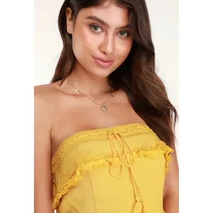 Lulus Mustard Yellow Strapless Boho Mini Dress Crochet Fringe Tassel‎ XL NEW thumbnail 4