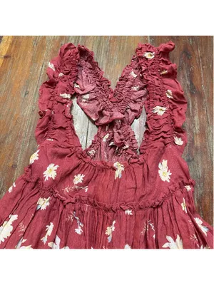 Free People Bali Wild Daisy Mini Dress Ruffle Straps Slip Renaissance Red Small thumbnail 2