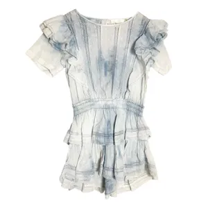 LoveShackFancy Natasha Light Blue Tie Dye Cotton Ruffled Tiered Lace Mini Dress thumbnail 4