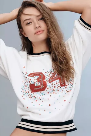 Anthro Anthropologie Pilcro Beaded Varsity Crewneck‎ Sweatshirt size xs nwt thumbnail 1