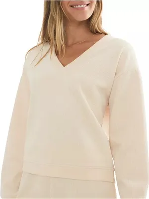 Marine Layer New Women's Top Small Rib Velour Corduroy V Neck Sweatshirt Cream thumbnail 2