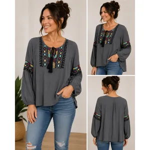 Solitaire Gray Embroidered Peasant Blouse Tassel Tie Long Sleeve Top Large thumbnail 2