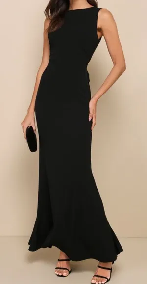 NEW Lulus Exquisite Refinement Black Backless Bow Ruffled Maxi Dress Small thumbnail 1
