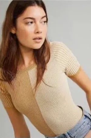 Free People Block Party Swit Bodysuit Beige Tan Colorblock Small thumbnail 1