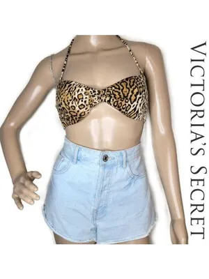Victorias Secret Leopard Print Halter Bikini Top Tie Back Swimwear size medium thumbnail 2