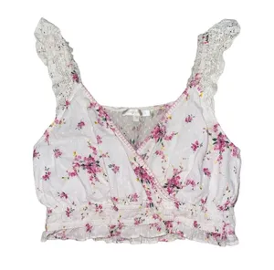 Love Shack Fancy white pink floral lace crochet sleeve crop tank women’s size L thumbnail 1