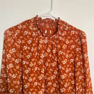 J. Crew Factory Women's Smocked Shirt Orange Floral‎ Long Sleeve Mock Neck AS356 thumbnail 4