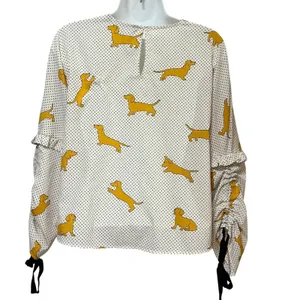 Zara Woman‎ Dachshund Dog Polka Dot Blouse Cream Yellow Small Ruffle Tie Sleeve thumbnail 3