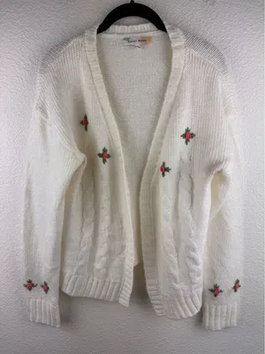Hazel Moon‎ Embroidered Cable Knit Cardigan Sweater Womens L Vintage Cottagecore thumbnail 1