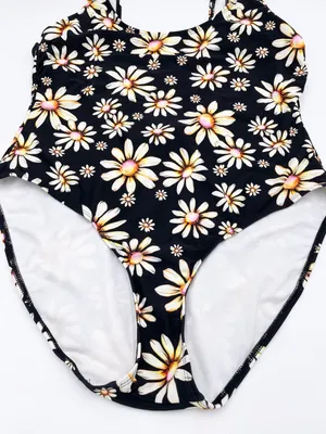 No Boundaries High Leg One Piece Swimsuit Size XL Black Daisy Floral Print 90s thumbnail 7