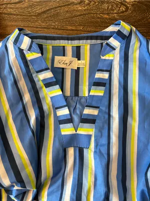 Eliza J Tiered Three Quarter Sleeve Dress Womens 8 Blue Excellent Striped V-Neck thumbnail 4