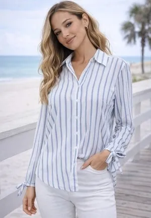 Abercrombie & Fitch Blue White Striped‎ Tie Cuff Button Down Shirt Womens Medium thumbnail 1