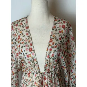 Pink Lily Floral Maxi Duster Women Small Ivory Tassel Boho Resort Cover Up Sheer thumbnail 7