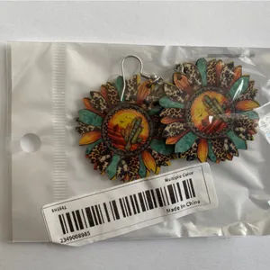 Sunflower shaped pendant drop‎ leopard pattern wooden hook earrings thumbnail 10