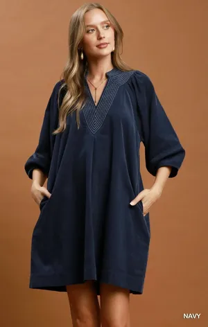 Umgee Corduroy V-Neck Puff Sleeve Shift Dress with Pockets - Navy - Small thumbnail 1