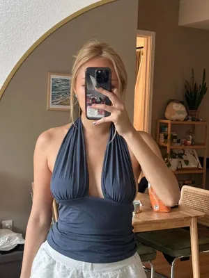 Navy halter crop top with ruched detailing Blue thumbnail 2