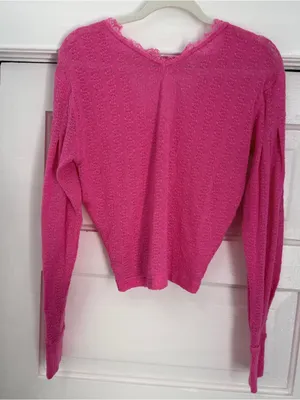 Free People Hot Pink V-Neck Lace Trim Lightweight Sweater thumbnail 3
