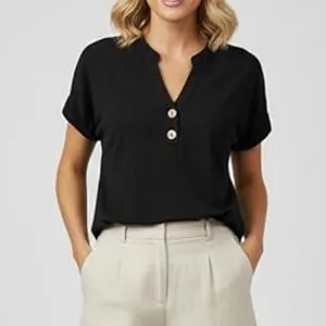NWT ~ Women's Black Short Sleeve Rounded Bottom Casual Summer Blouse ~ MEDIUM thumbnail 3