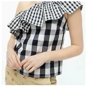J.Crew Womens One Shoulder Ruffle Gingham Top Navy Blue White AZ102 Size 4 NWT thumbnail 1