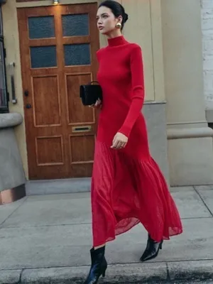 Commense Red Maxi Sweater Dress Ribbed Large Turtleneck Sheer Hem Evening thumbnail 10