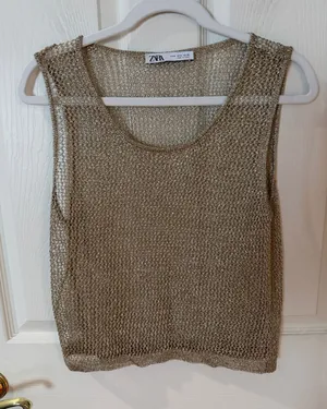ZARA RARE Metallic Gold Open-Knit Tank Top size medium thumbnail 1