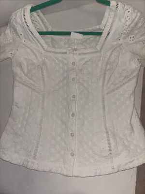 Ett:Twa By Anthropology White Button Front Eyelet Blouse Classic Square Neckline thumbnail 8
