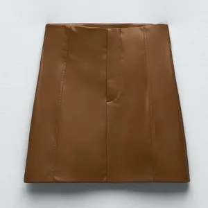 ZARA Brown Vegan‎ Faux Leather Pronounced Seams High Waisted Mini Skirt Size XXL thumbnail 3
