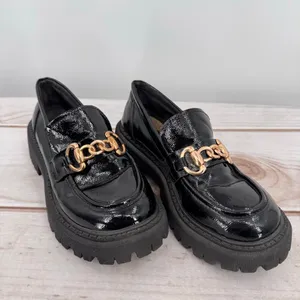 Black Patent Faux Leather Lug Sole Platform Loafers Y2K Inspired Gold Chain 6.5 thumbnail 2