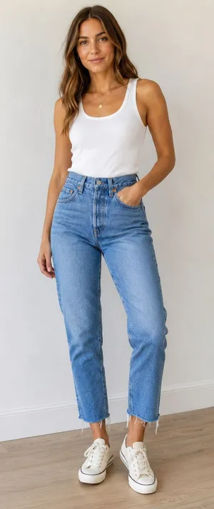 Levi's Medium Wash Denim Button Fly Wedgie Frayed Straight Ankle Jeans Size 24 thumbnail 1