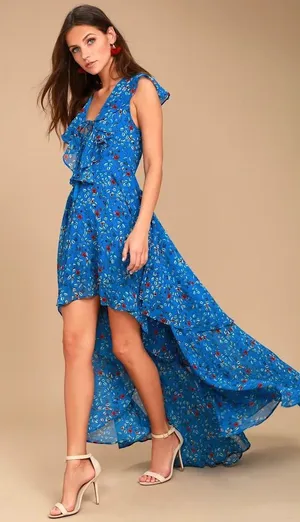 Lulus Blue‎ Floral High Low Maxi Dress Ruffle Medium Wedding Guest Vacation Euro thumbnail 1