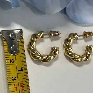 Gold tone Twisted Croissant‎ Hoop Earrings Textured C-Shape Post Backs 0.75 Inch thumbnail 2