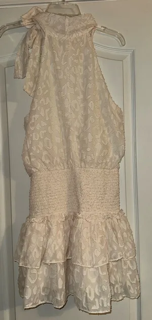 Lavish Tuscaloosa white cream Tie-Neck Ruffle leopard smocked waist dress thumbnail 2