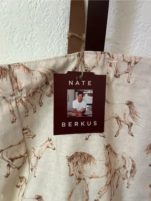 NEW Nate Berkus Wild Horse Print Cotton Canvas Tote Bag Genuine Leather Handles thumbnail 2