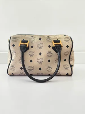 MCM Vintage Visetos Boston Satchel Ivory Black Monogram Top Handle Bag thumbnail 2