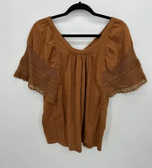 Old Navy XL Boho Peasant Top Brown‎ Lace Crochet Short Sleeve Cotton Blouse thumbnail 1
