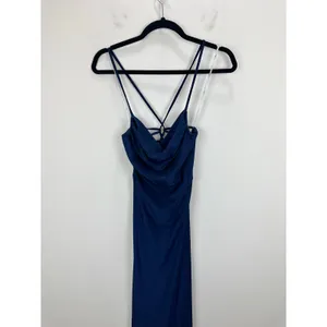 Lulus Iconic Allure Navy Blue Cowl Neck Lace Up Ruched Maxi Dress Stretch XS NWT thumbnail 6