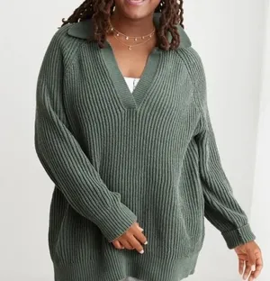 Aerie Sugar Rush Chenille Sweater in Green Size Small V Neck Collared thumbnail 1