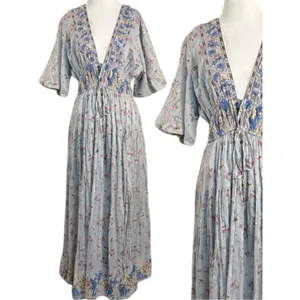 Free People Bohemian Billowy Cottage Lysette Maxi Dress Periwinkle Floral Medium thumbnail 6