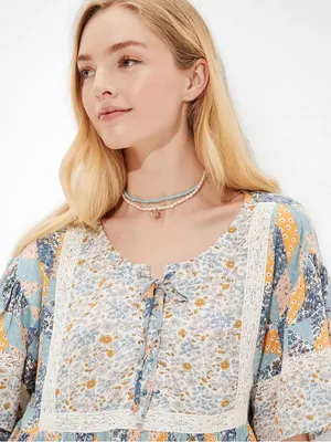 AE Floral Lace-Up Flutter-Sleeve Blouse thumbnail 1