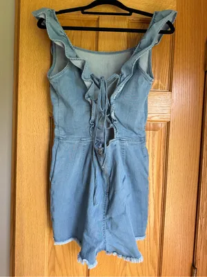 Denim Blvd Los Angeles Ruffle Strappy Denim Romper Light Wash Medium M Stretch thumbnail 4