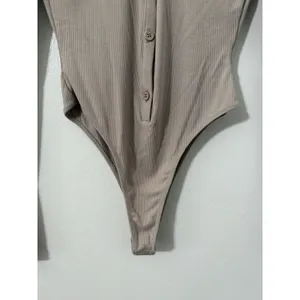 White Fox Ribbed Long Sleeve Body Suit Button Front Beige Small Rayon thumbnail 3