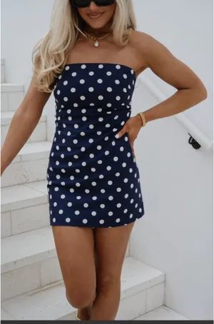These three boutique polka dot navy linen dress thumbnail 1