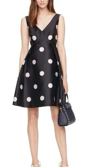 $448 KATE SPADE SPOTLIGHT V NECK BLACK & PINK POLKA DOT DRESS SIZE 8 A-Line thumbnail 1