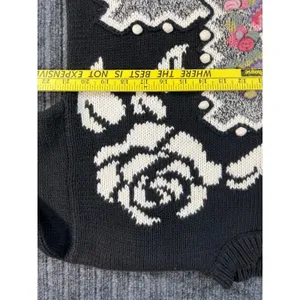 Vtg 90s Grandma Sweater L Black‎ Floral Ramie Cotton Textured Patchwork Cottage thumbnail 5