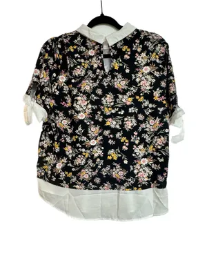 Faith and Joy Black Floral Collared Blouse with White Trim thumbnail 2