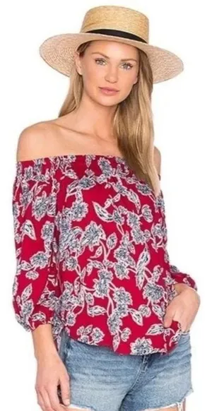 Revolve Splendid Off Shoulder Red/Blue Floral Top‎ - XS thumbnail 1